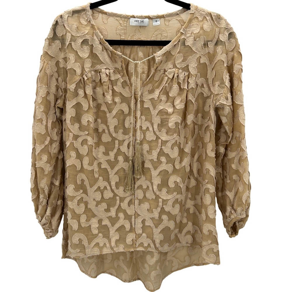 PER SE CARLISLE‎ Floral Embroidered Tassel Tie Long Sleeve Blouse Shirt Size 8